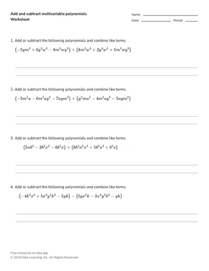 Add and subtract multivariable polynomials worksheet preview