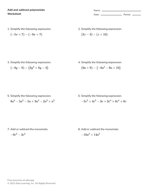 Add and subtract integer polynomials worksheet preview