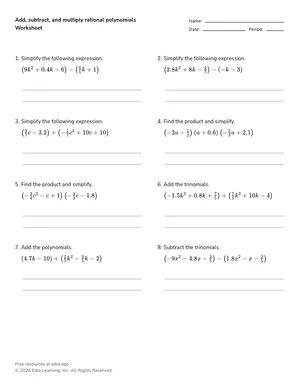 Add, subtract, and multiply rational polynomials worksheet preview