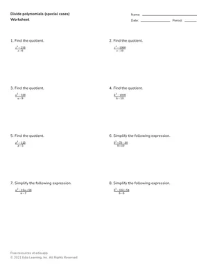 Divide polynomials in special forms worksheet preview