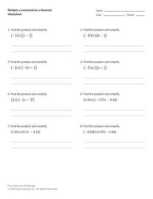 Multiply a monomial by a binomial worksheet preview