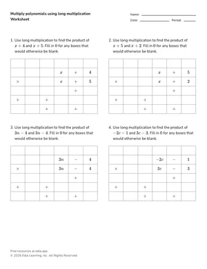Multiply polynomials using long multiplication worksheet preview