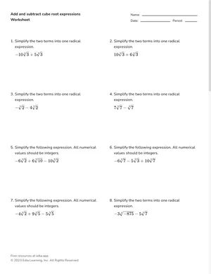 Add and subtract cube root expressions worksheet preview
