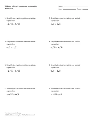 Add and subtract square root expressions worksheet preview
