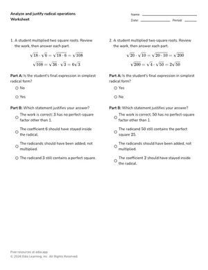 Analyze and justify radical operations worksheet preview