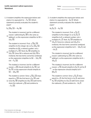 Justify equivalent radical expressions worksheet preview