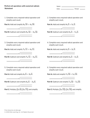 Perform all operations with numerical radicals worksheet preview