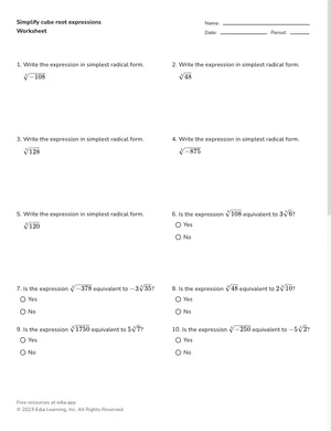 Simplify cube root expressions worksheet preview