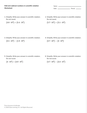 Add and subtract numbers in scientific notation worksheet preview