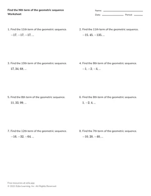 Find the nth term of a geometric sequence worksheet preview