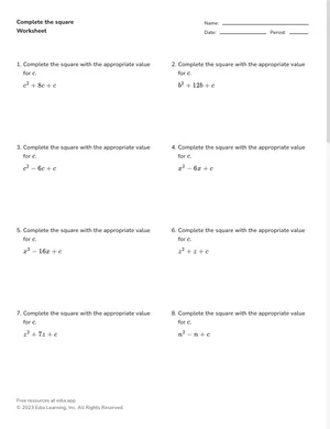 Complete the square worksheet preview