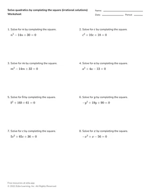 Solve by completing the square with irrational solutions worksheet preview