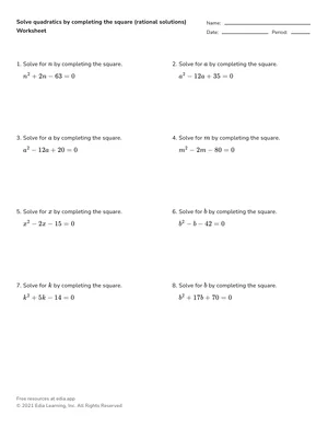 Solve by completing the square with rational solutions worksheet preview