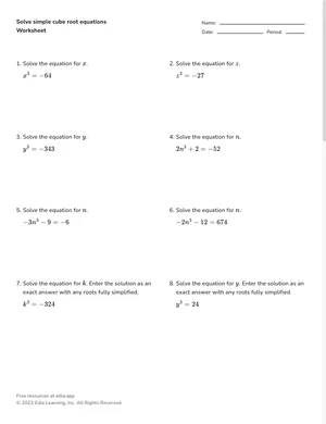 Solve cube root equations worksheet preview