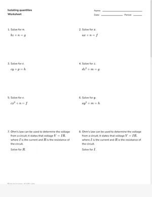 Isolate quantities in formulas worksheet preview