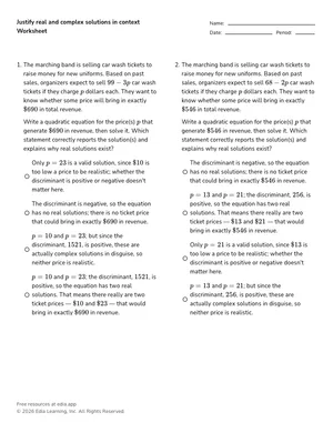 Justify real and complex solutions in context worksheet preview