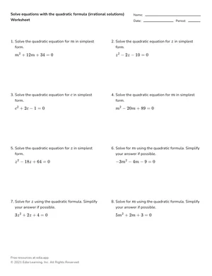 Solve quadratics with the quadratic formula (irrational or complex) worksheet preview