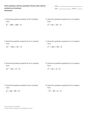 Solve quadratics with the quadratic formula (rational, no fractions) worksheet preview