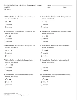 Classify rational and irrational roots worksheet preview