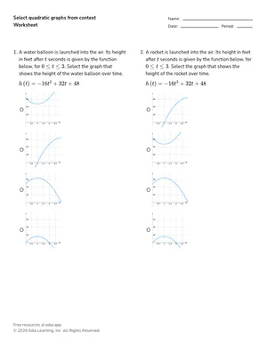 Select quadratic graphs from context worksheet preview
