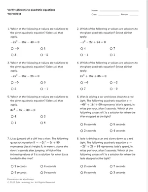 Verify solutions to quadratic equations worksheet preview