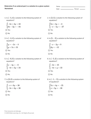 Determine if an ordered pair is a solution to a given system worksheet preview