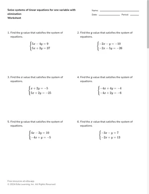 Solve systems of linear equations for one variable with elimination worksheet preview