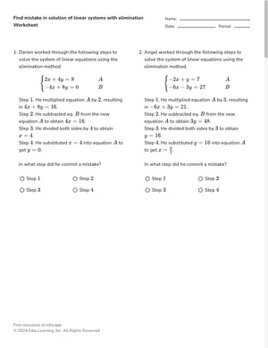 Find mistake in solution of linear systems with elimination worksheet preview