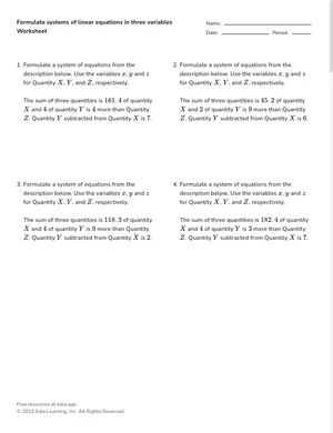 Formulate systems of linear equations in three variables worksheet preview