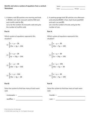 Identify and solve a system of equations from a context worksheet preview