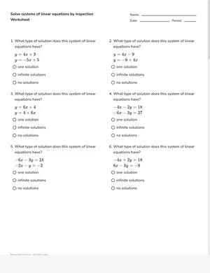 Solve systems of linear equations by inspection worksheet preview