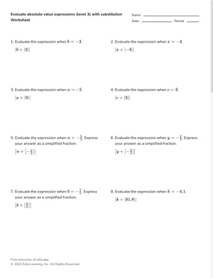 Evaluate absolute value expressions — advanced with substitution worksheet preview