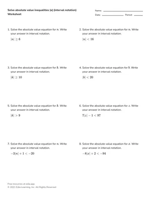 Solve absolute value inequalities |x| (interval notation) worksheet preview