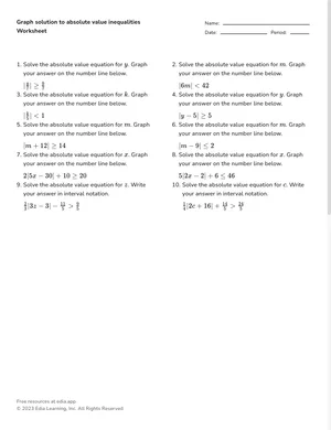 Solve and graph solutions to absolute value inequalities |ax + b| (interval notation) worksheet preview