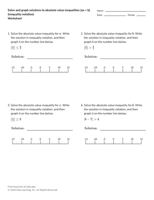 Solve and graph solutions to absolute value inequalities |ax + b| (inequality notation) worksheet preview