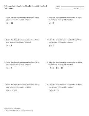 Solve absolute value inequalities |x| (inequality notation) worksheet preview