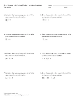 Solve absolute value inequalities |ax + b| (interval notation) worksheet preview