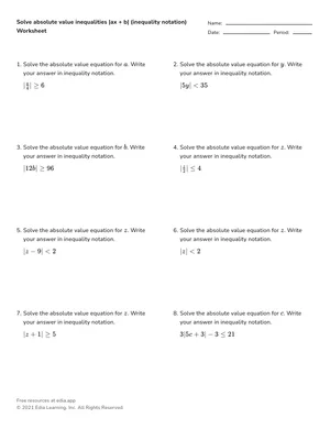 Solve absolute value inequalities |ax + b| (inequality notation) worksheet preview