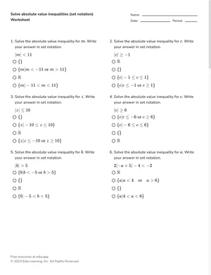 Solve absolute value inequalities (set notation) worksheet preview
