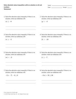 Solve absolute value inequalities with no solution or all real numbers worksheet preview