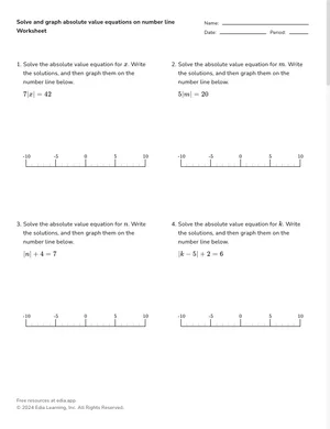 Solve and graph absolute value equations on number line worksheet preview