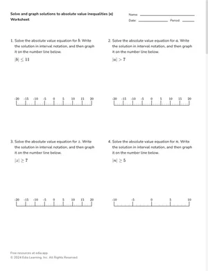 Solve and graph solutions to absolute value inequalities |x| (interval notation) worksheet preview