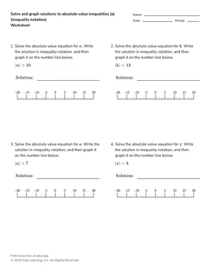 Solve and graph solutions to absolute value inequalities |x| (inequality notation) worksheet preview