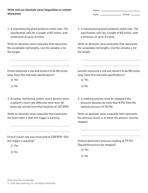 Write and use absolute value inequalities in context worksheet preview
