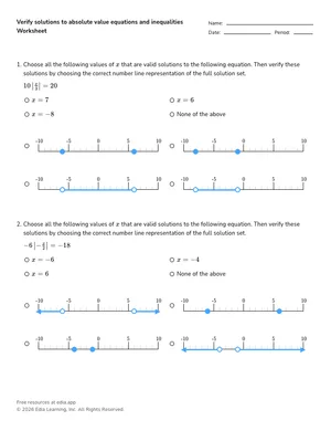 Verify solutions to absolute value equations and inequalities worksheet preview