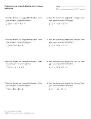 Find domain and range of absolute value functions worksheet preview