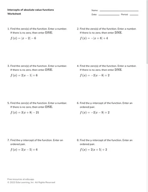 Intercepts of absolute value functions worksheet preview
