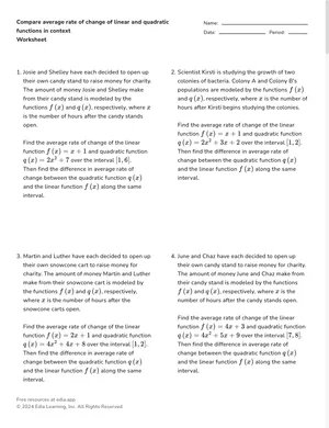 Compare average rate of change of linear and quadratic functions in context worksheet preview
