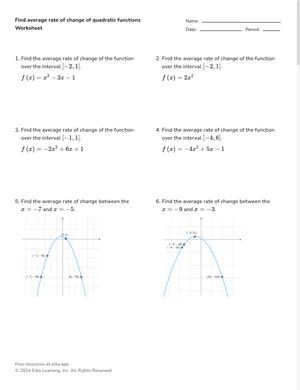 Find average rate of change of quadratic functions worksheet preview