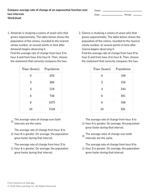 Compare average rate of change of an exponential function over two intervals worksheet preview
